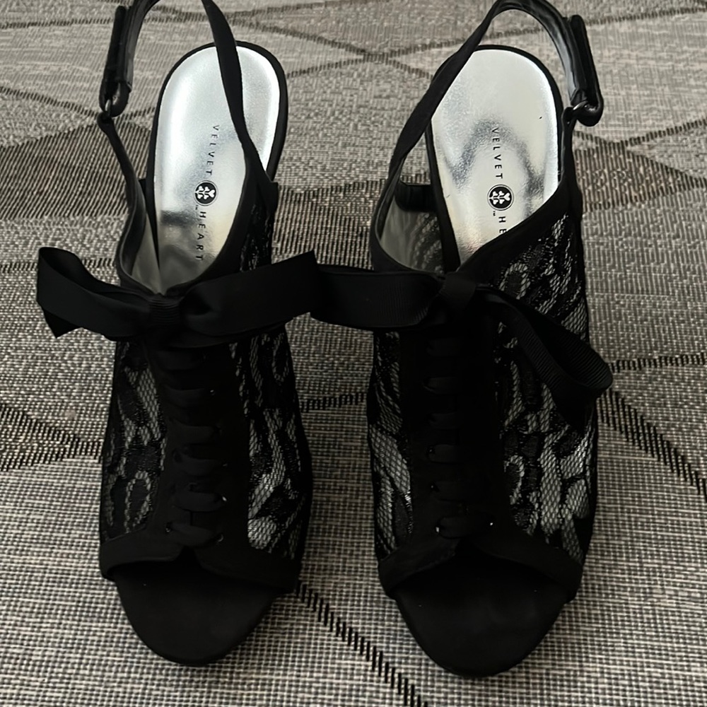 Black lace , tie up, open toe heels